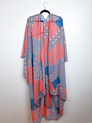 Print High Low Kimono Scarlet Blue Scarf Print Chiffon