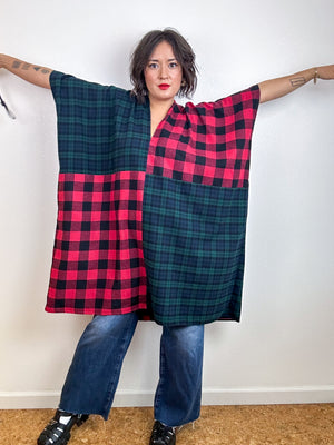 Oversized Patchwork Plaid Smock Dress Forest Red