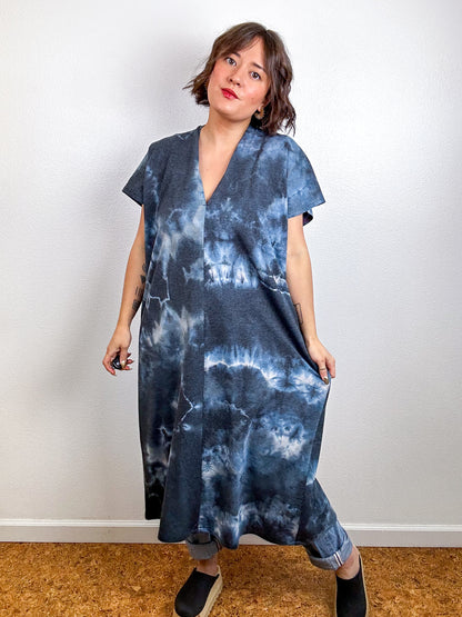 Hand-Dyed Midi Sweatshirt Smock Dress Blue Black Tie