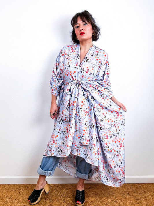 Print High Low Kimono Blue Botanical Challis