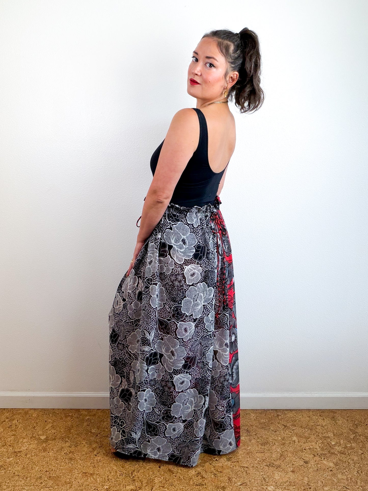 THE SKIRT Red Poppy Black Floral Reversible Chiffon