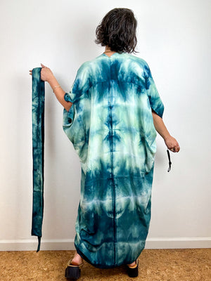 Hand-Dyed High Low Kimono Soft Teal Lines