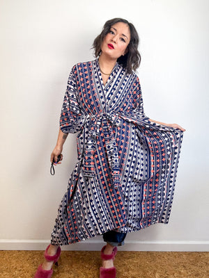 High Low Kimono Navy Peach Mod Circles Bubble Crepe