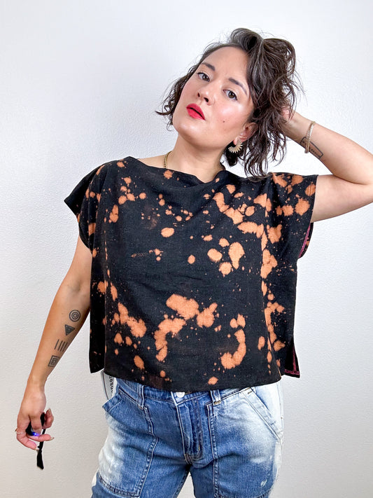 Hand-Dyed Linen Blend Crop Bleach Speckle Black Rust