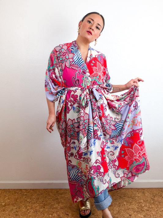 Print High Low Kimono Fuchsia Blue Paisley Bubble Crepe