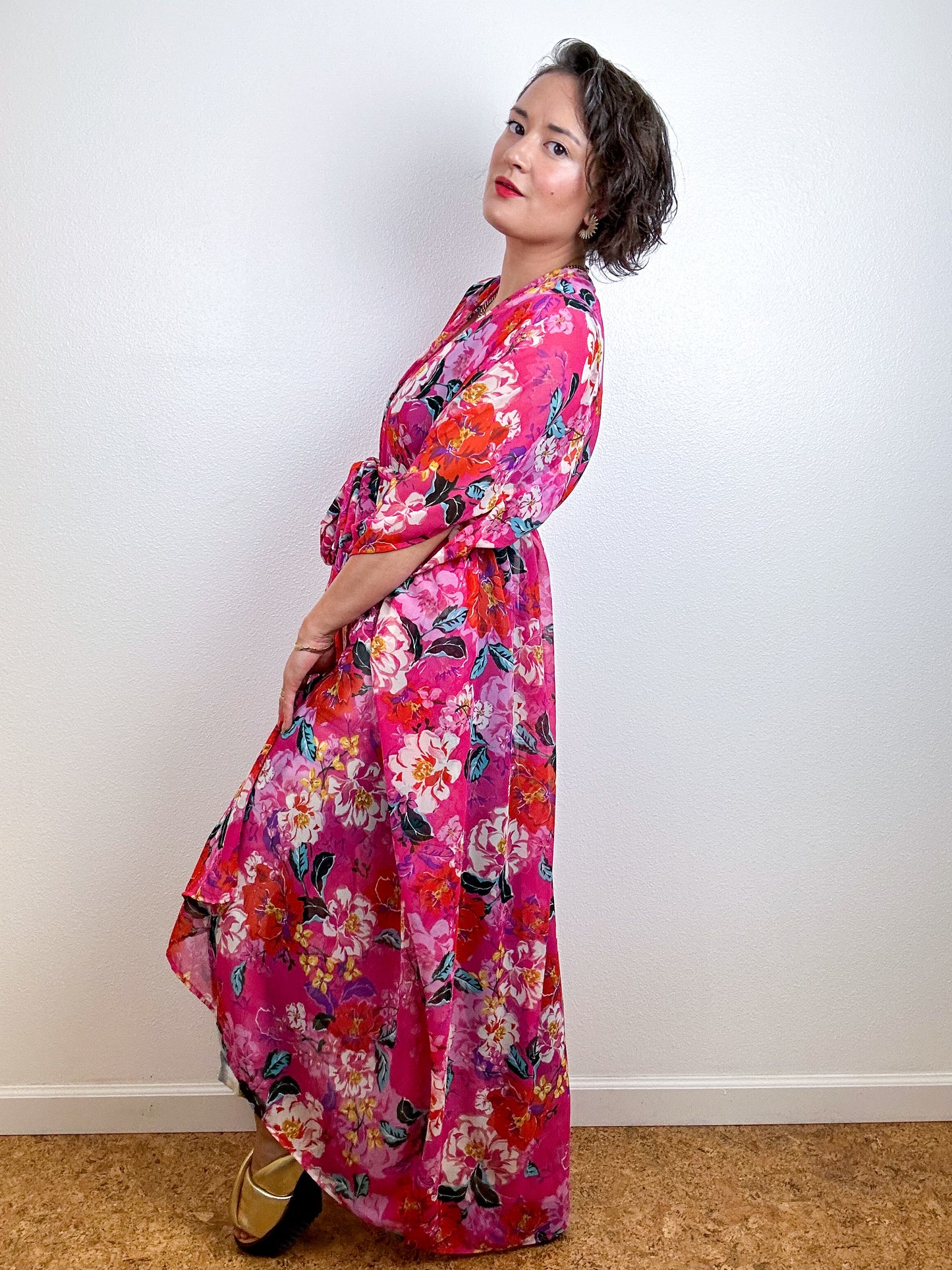 Print High Low Kimono Fuchsia Peony Chiffon