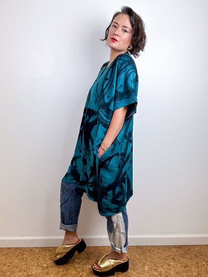 Oversized Hand-Dyed Linen Blend Smock Dress Teal Sumi