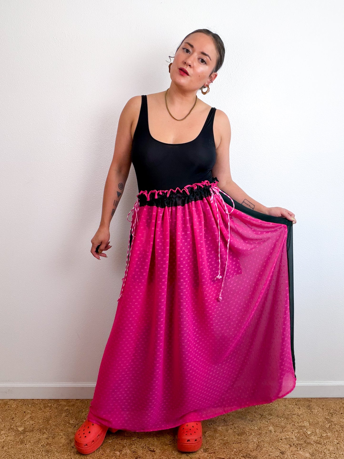 THE SKIRT Fuchsia Swiss Dot Hunter Green Reversible Chiffon