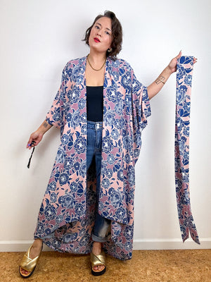 High Low Kimono Indigo Peach Floral Dots Bubble Crepe