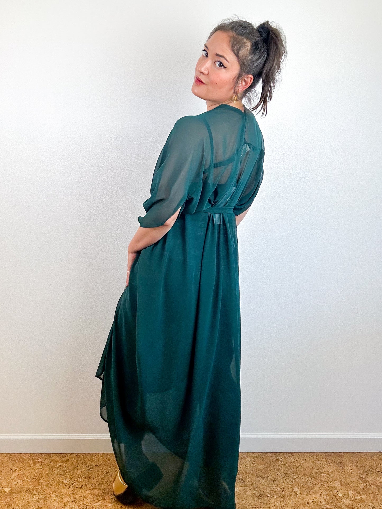 Solid High Low Kimono Hunter Green Chiffon