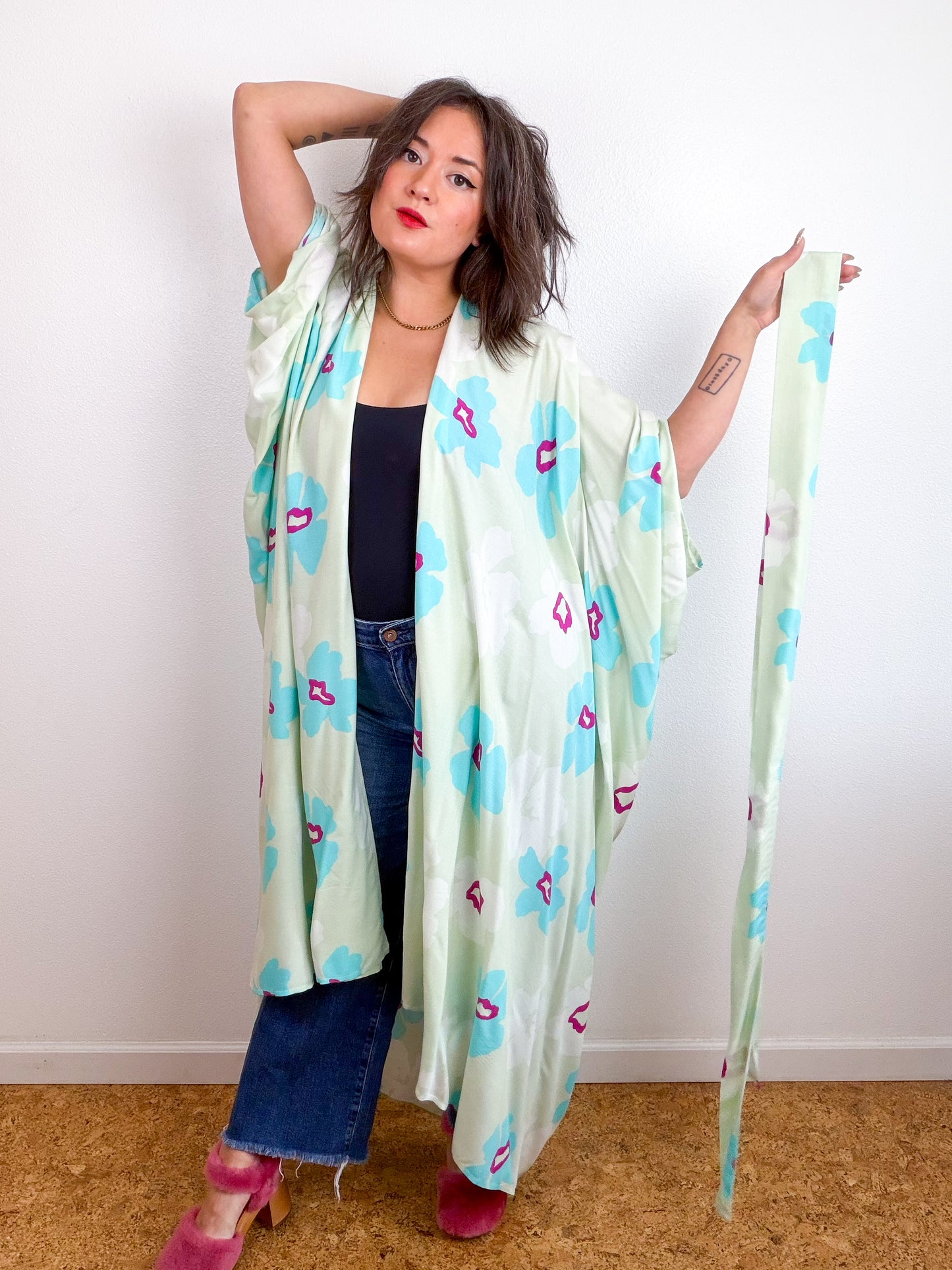 Print High Low Kimono Seafoam Floral Challis