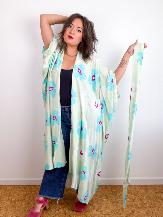 Print High Low Kimono Seafoam Floral Challis