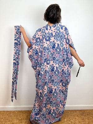 High Low Kimono Indigo Peach Floral Dots Bubble Crepe