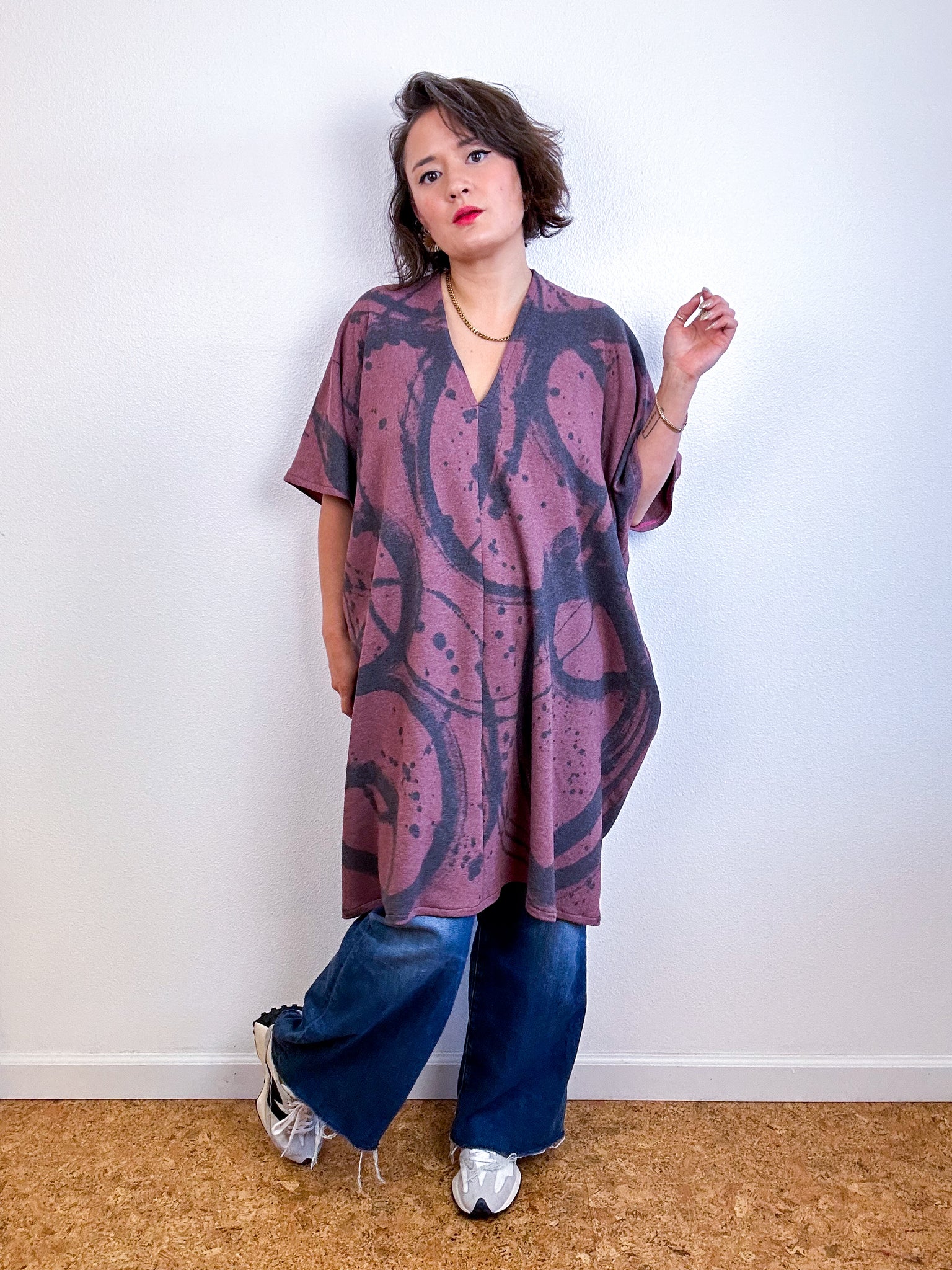 Oversized Hand-Dyed Sweatshirt Smock Dress Maroon Sumi