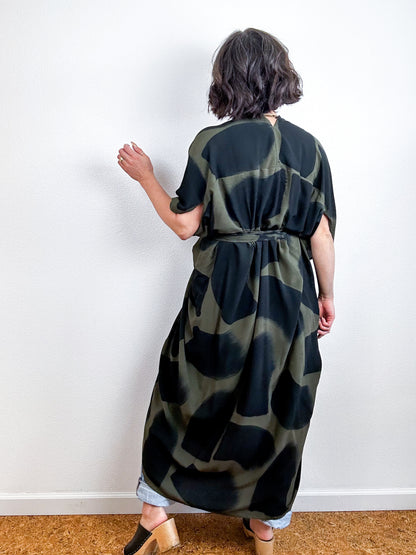 Hand-Dyed High Low Kimono Olive Black Brush