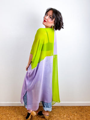 SILK Color Block Midi Caftan Dress Chartreuse Lavender