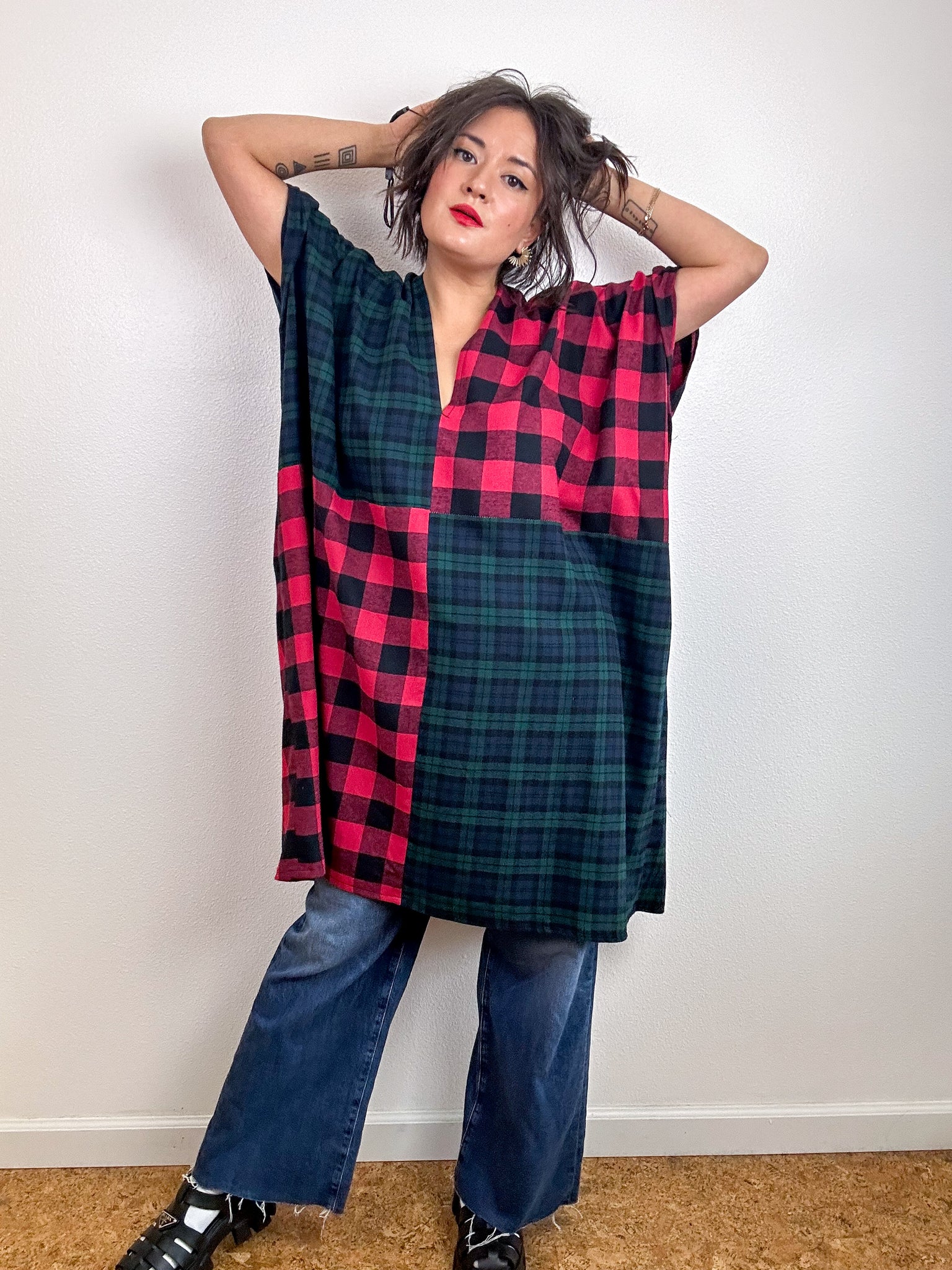 Oversized Patchwork Plaid Smock Dress Forest Red