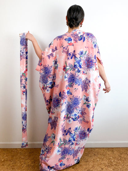 Print High Low Kimono Blush Blue Floral Bubble Crepe