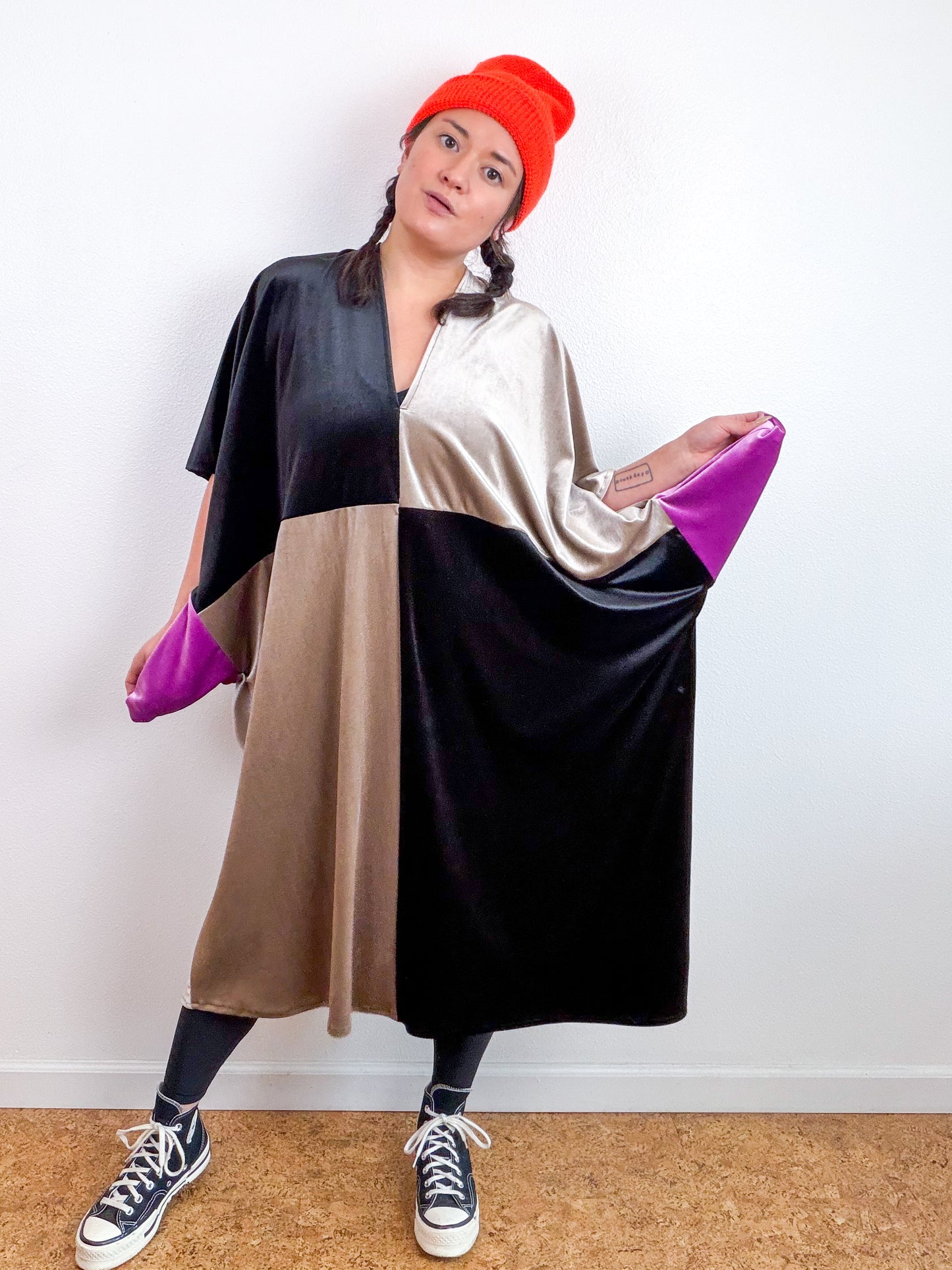 Velvet Caftan Dress Black Silver Color Block