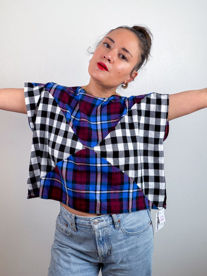Plaid Flannel Flip Crop Black White Jewel
