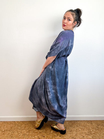 Hand-Dyed High Low Kimono Wisteria Grey Watercolor