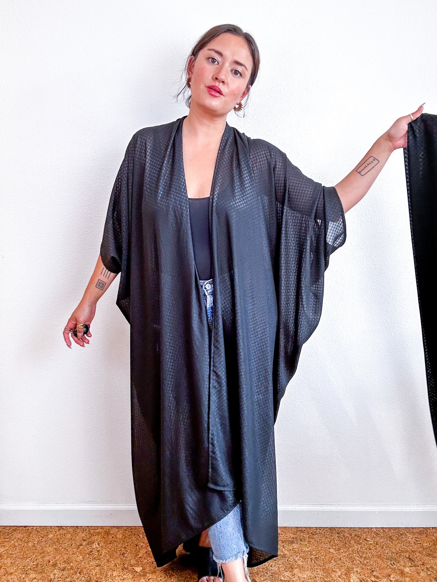 Solid High Low Kimono Black Sparkle Dot Chiffon