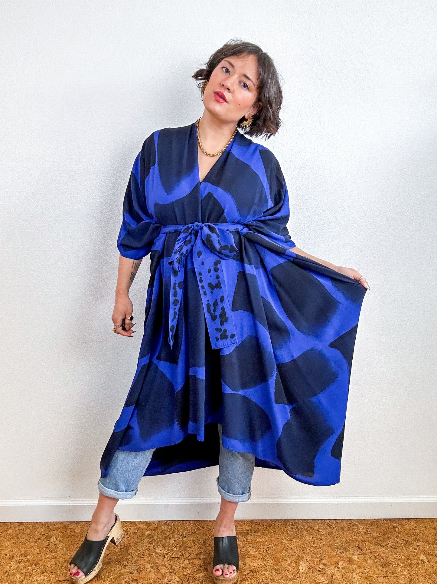 Hand-Dyed High Low Kimono Royal Black Brush