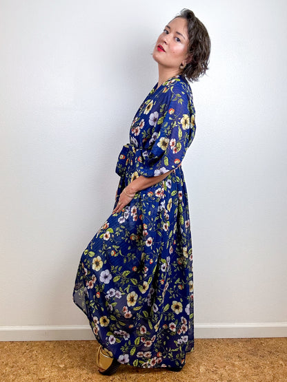 Print High Low Kimono Navy Wildflower Floral Chiffon