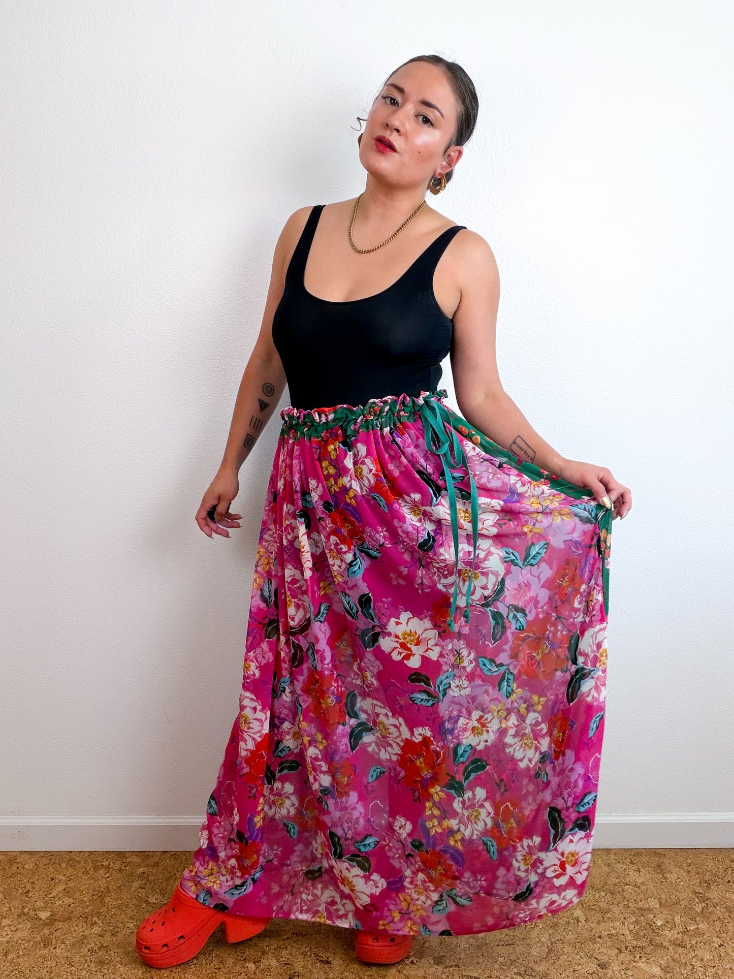 THE SKIRT Pink Green Floral Reversible Chiffon