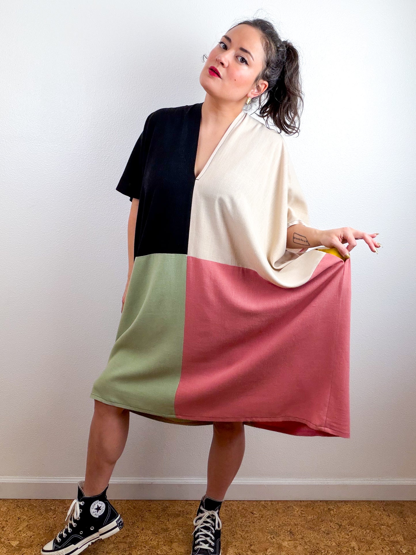 Linen Blend Caftan Dress Black Oat Mauve Sage Orange Color Block