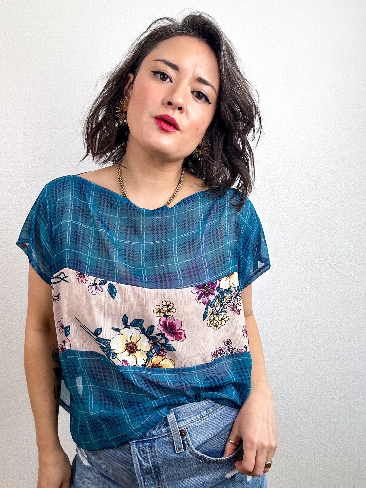 Scrappy Crop Teal Plaid Blush Floral
