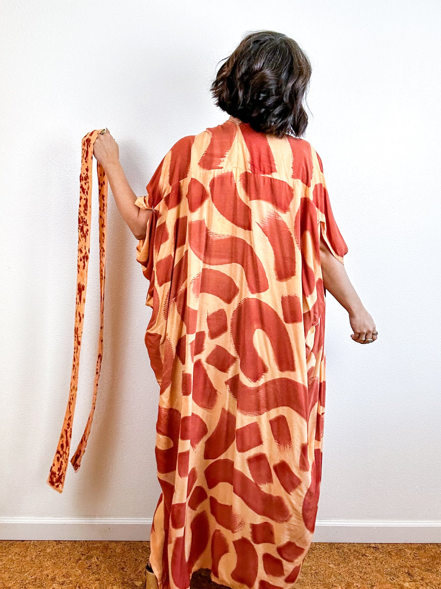 Hand-Dyed High Low Kimono Peach Terracotta Doodle