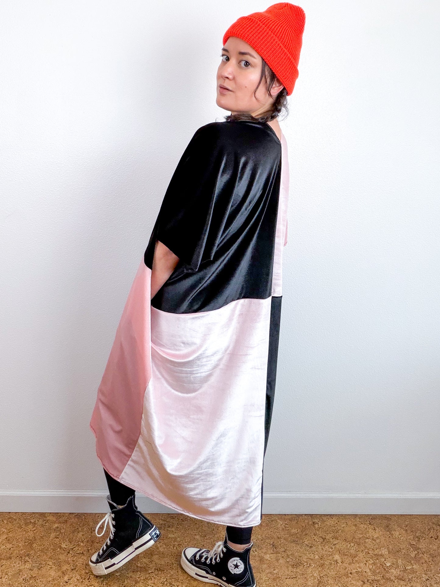 Velvet Caftan Dress Black Baby Pink Color Block