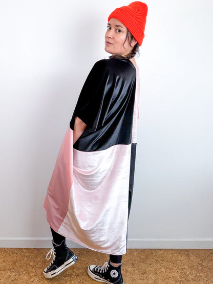 Velvet Caftan Dress Black Baby Pink Color Block