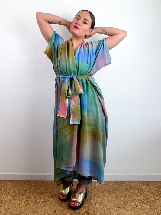 Hand-Dyed High Low Kimono Blue Green Bronze Coral Aura