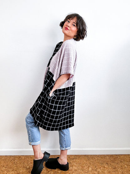 Oversized Windowpane Seersucker Smock Dress Black Rose
