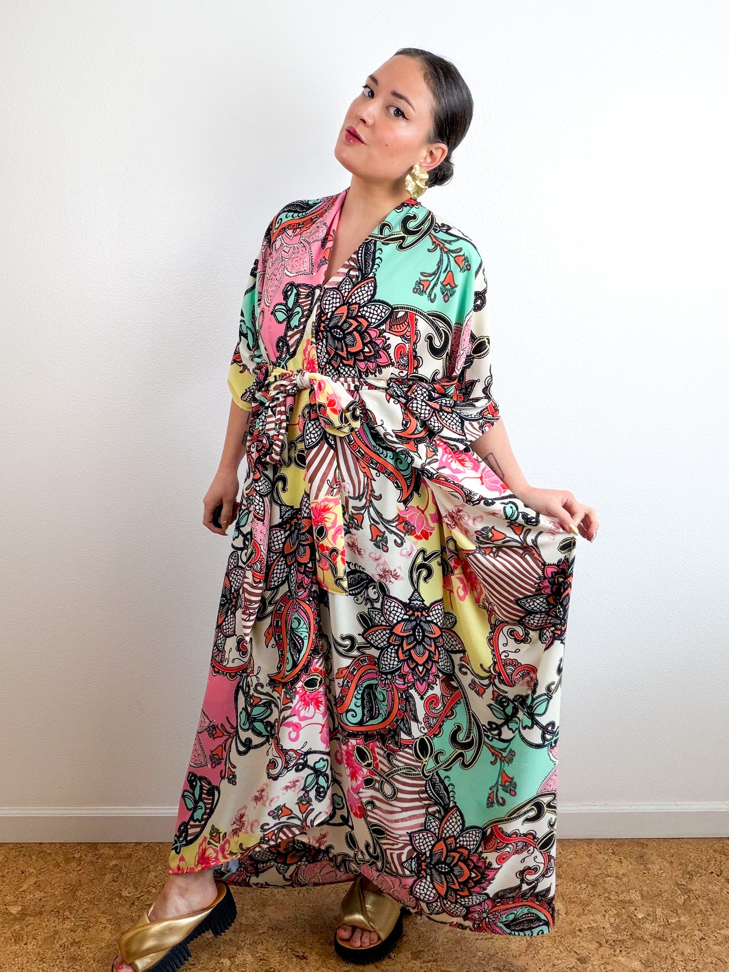 Print High Low Kimono Pink Aqua Paisley Bubble Crepe