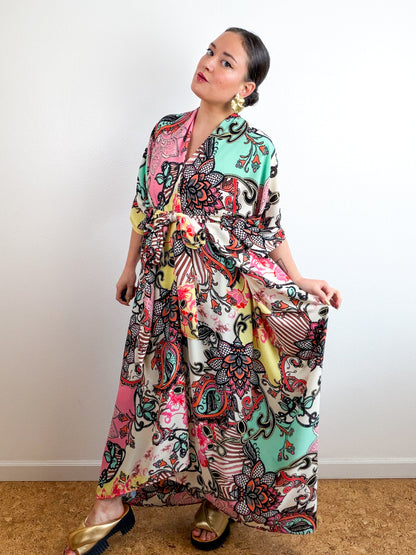Print High Low Kimono Pink Aqua Paisley Bubble Crepe