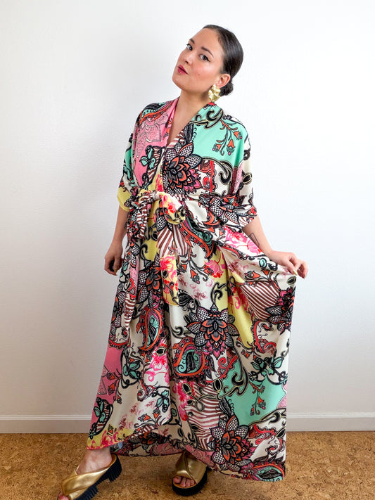 Print High Low Kimono Pink Aqua Paisley Bubble Crepe