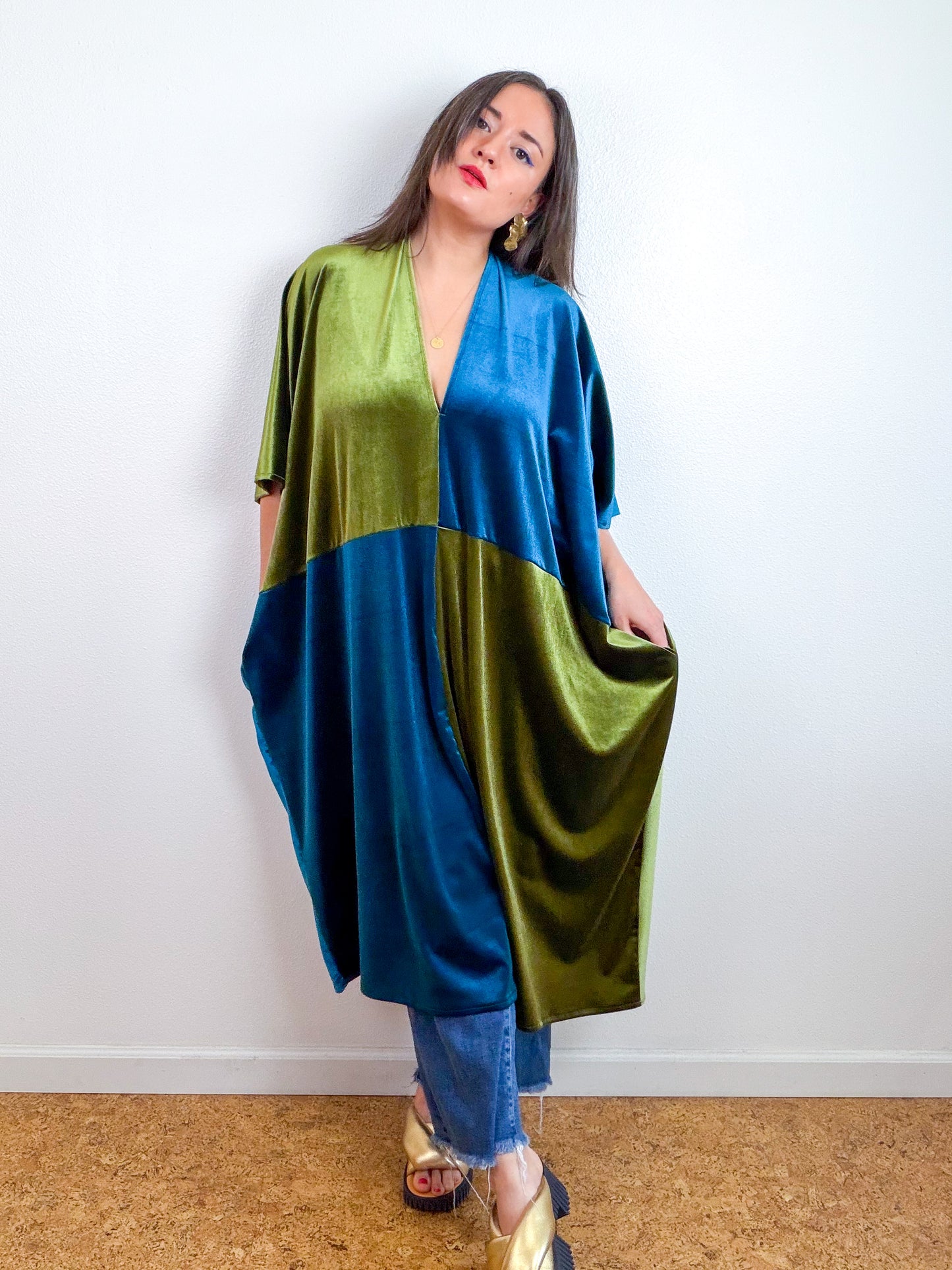 Velvet Caftan Dress Teal Olive Color Block
