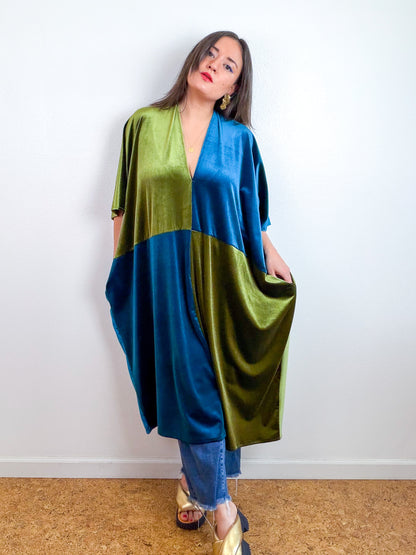 Velvet Caftan Dress Teal Olive Color Block