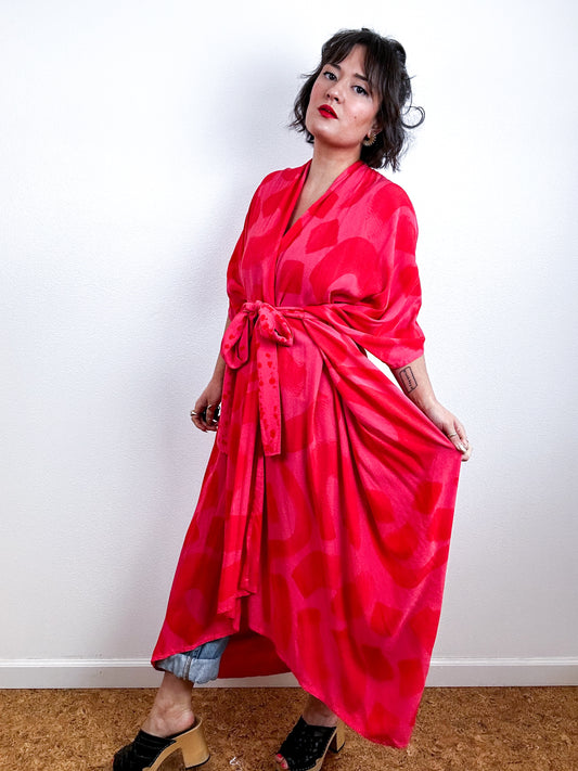 Hand-Dyed High Low Kimono Fushia Red Doodle