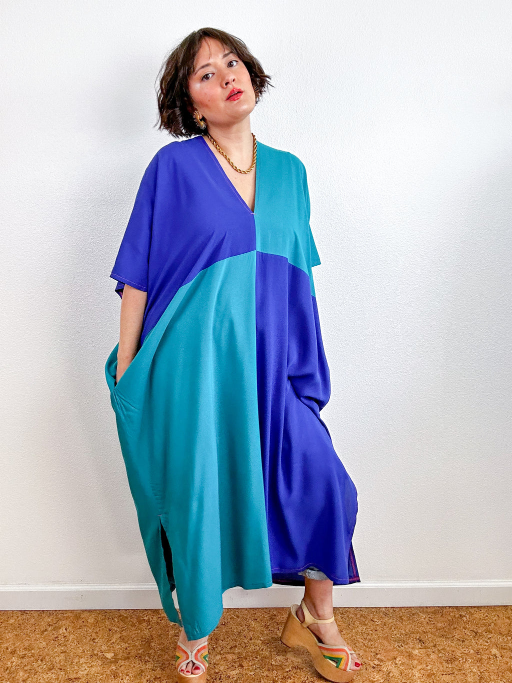 Color Block Midi Caftan Dress Turquoise Royal