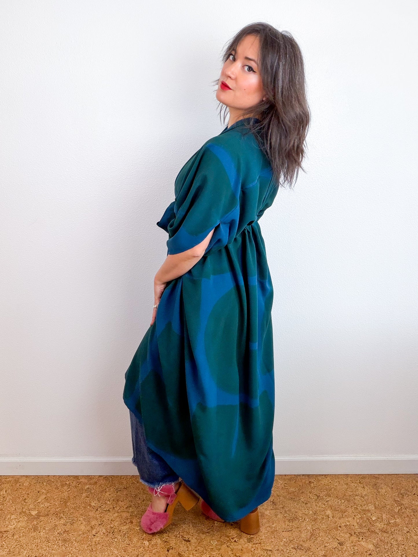 Hand-Dyed High Low Kimono Teal Forest Arc