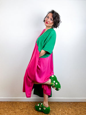 Color Block Midi Caftan Dress Green Magenta