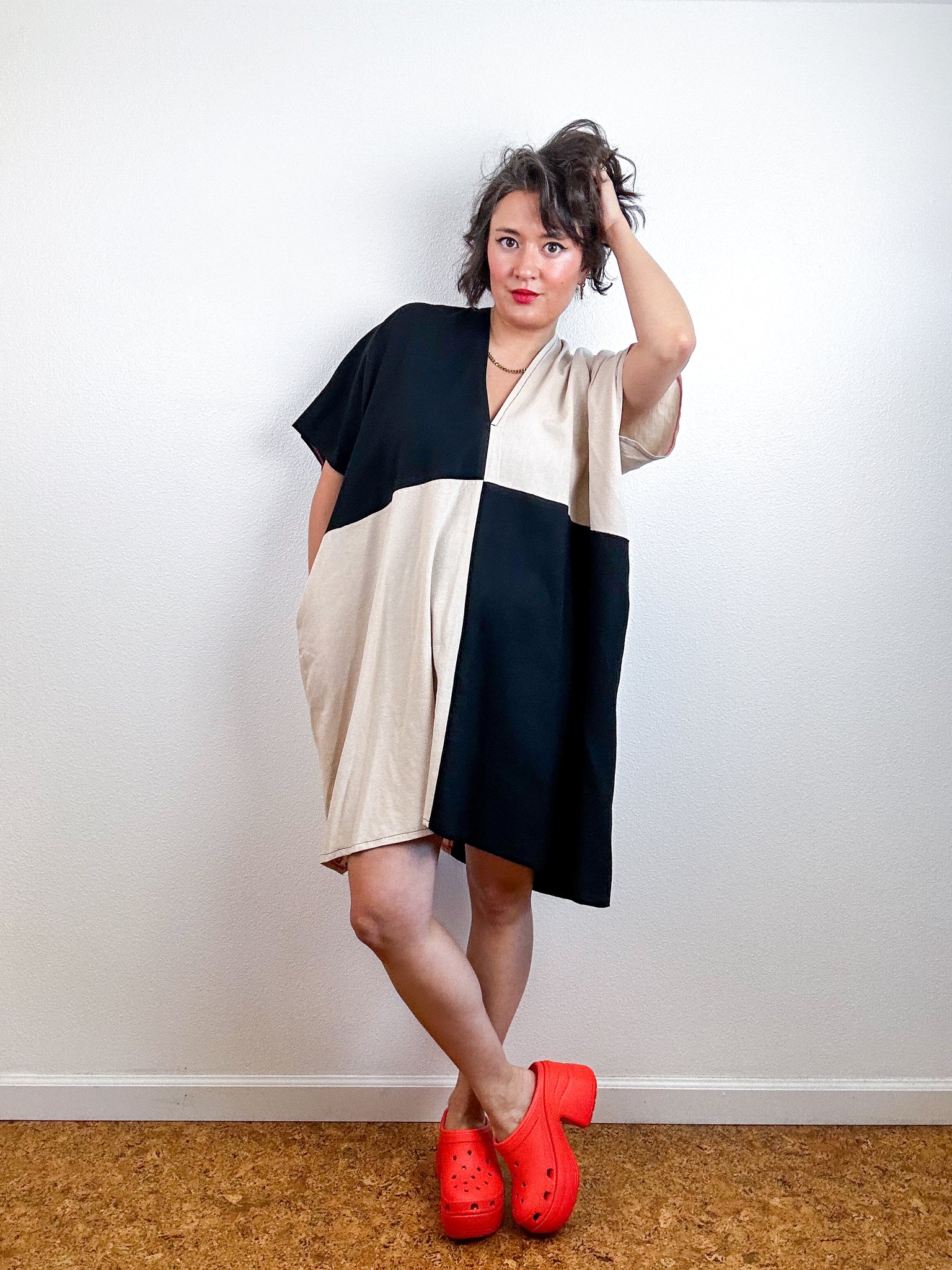 Oversized Color Block Linen Blend Smock Dress Black Ivory