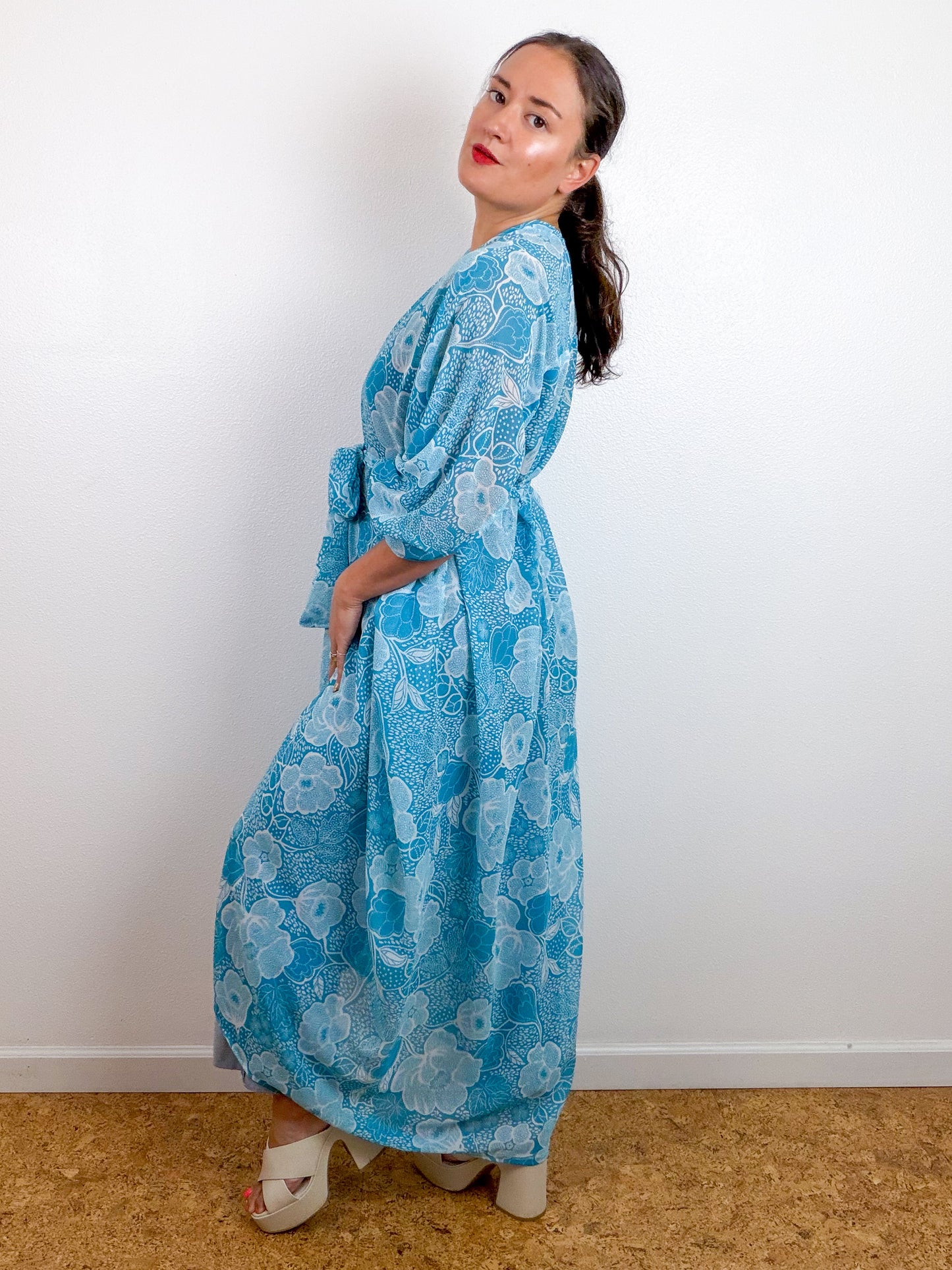 Print High Low Kimono Turquoise Floral Chiffon