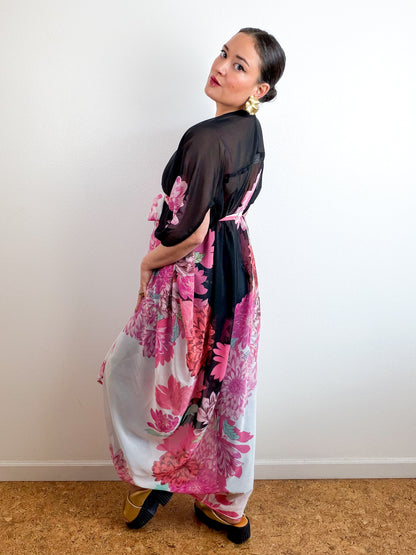 Print High Low Kimono Black Pink Dhalia Chiffon