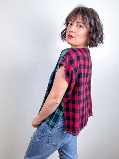 Flip Crop Plaid Flannel Red Check Sage