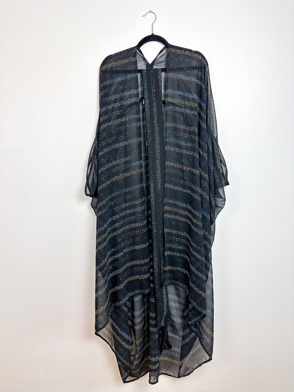 Print High Low Kimono Black Sprinkle Stripe Chiffon